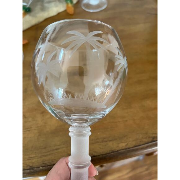 Wells Hand Blown Wine Glasses Set of 4 Etched Palm Trees Frosted Bamboo Stem - Picture 6 of 7